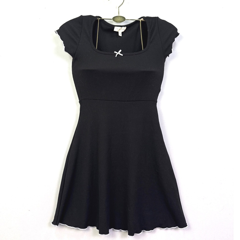 See You Monday Black Ribbed Skater Dress XS Square Neck Bow Lettuce Edge D8731